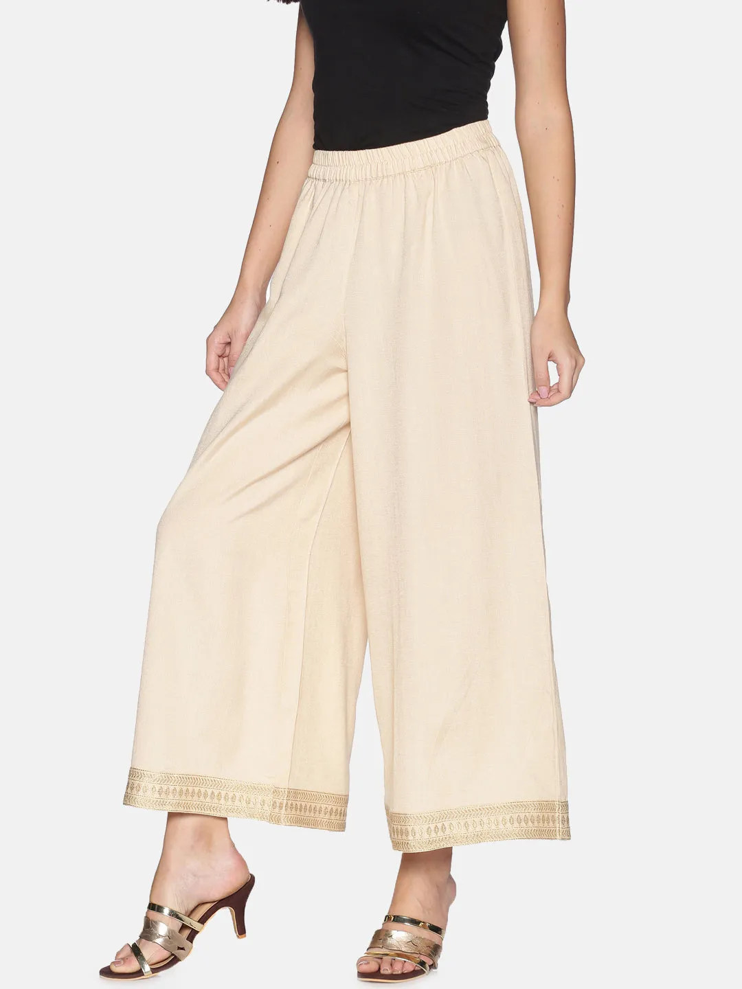 Beige Rayon Flax Palazzo with Embroidered Hem