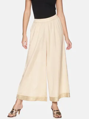 Beige Rayon Flax Palazzo with Embroidered Hem
