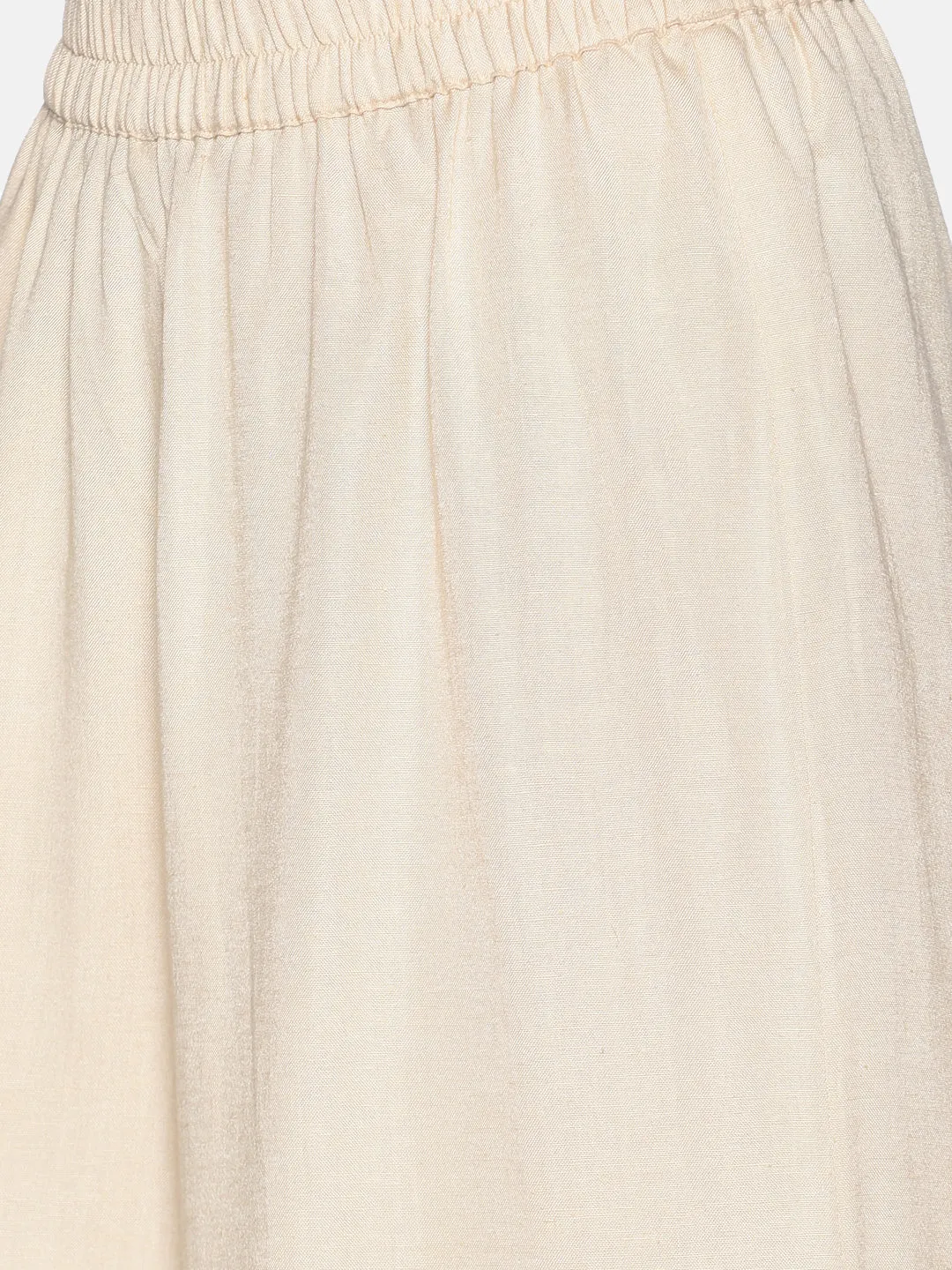 Beige Rayon Flax Palazzo with Embroidered Hem