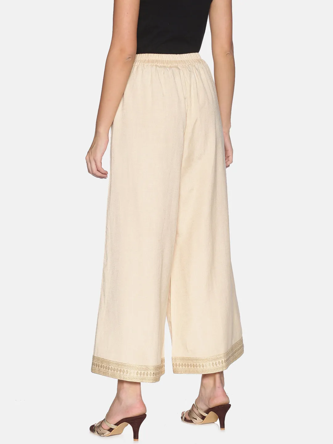 Beige Rayon Flax Palazzo with Embroidered Hem
