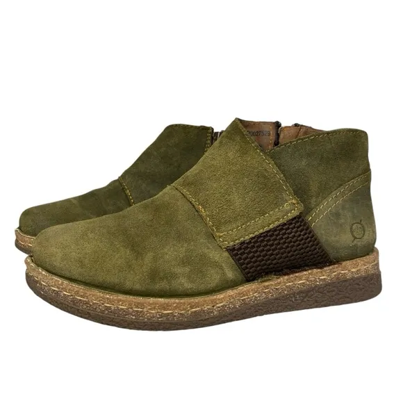 Born Tora Handcrafted Distressed Olive Green Suede Zip Comfort Ankle Bootie Sz 6