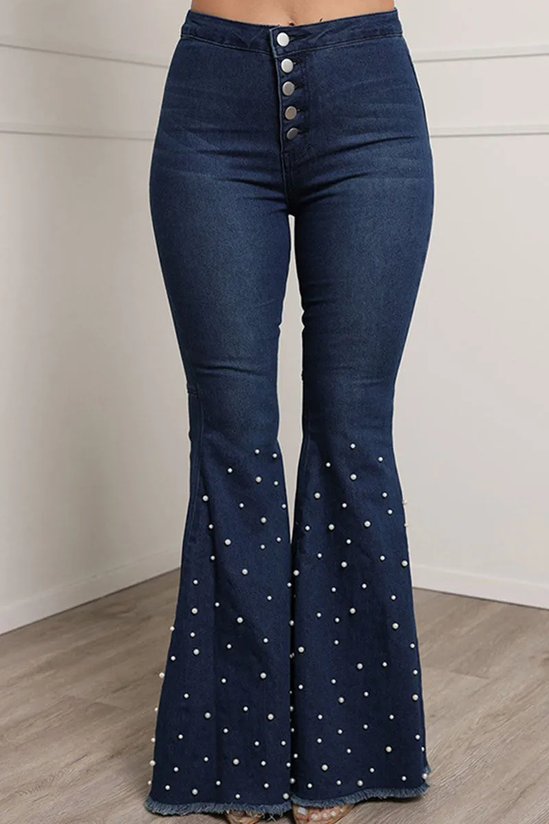 Casual Street Solid Patchwork Beading High Waist Boot Cut Denim Jeans