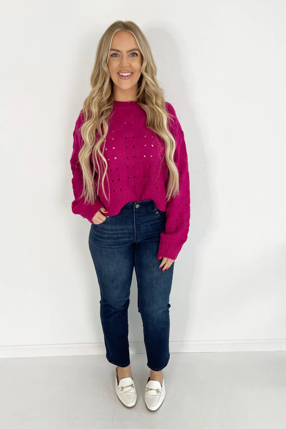 Checkered Weave Open Knit Sweater