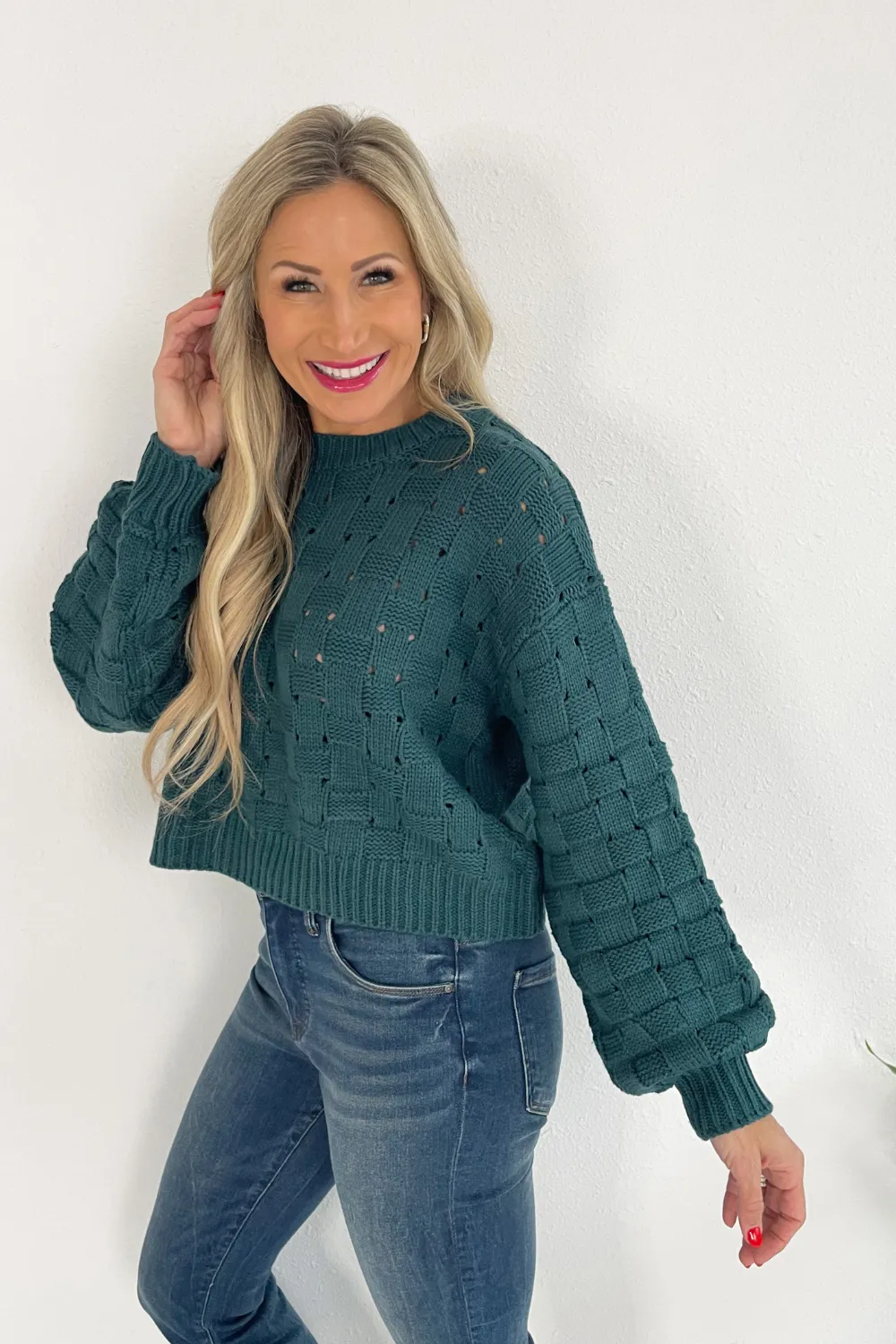 Checkered Weave Open Knit Sweater