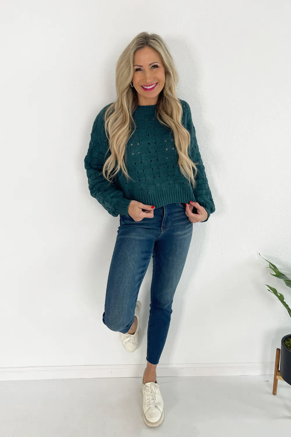 Checkered Weave Open Knit Sweater