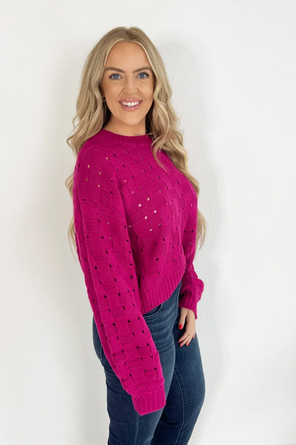 Checkered Weave Open Knit Sweater