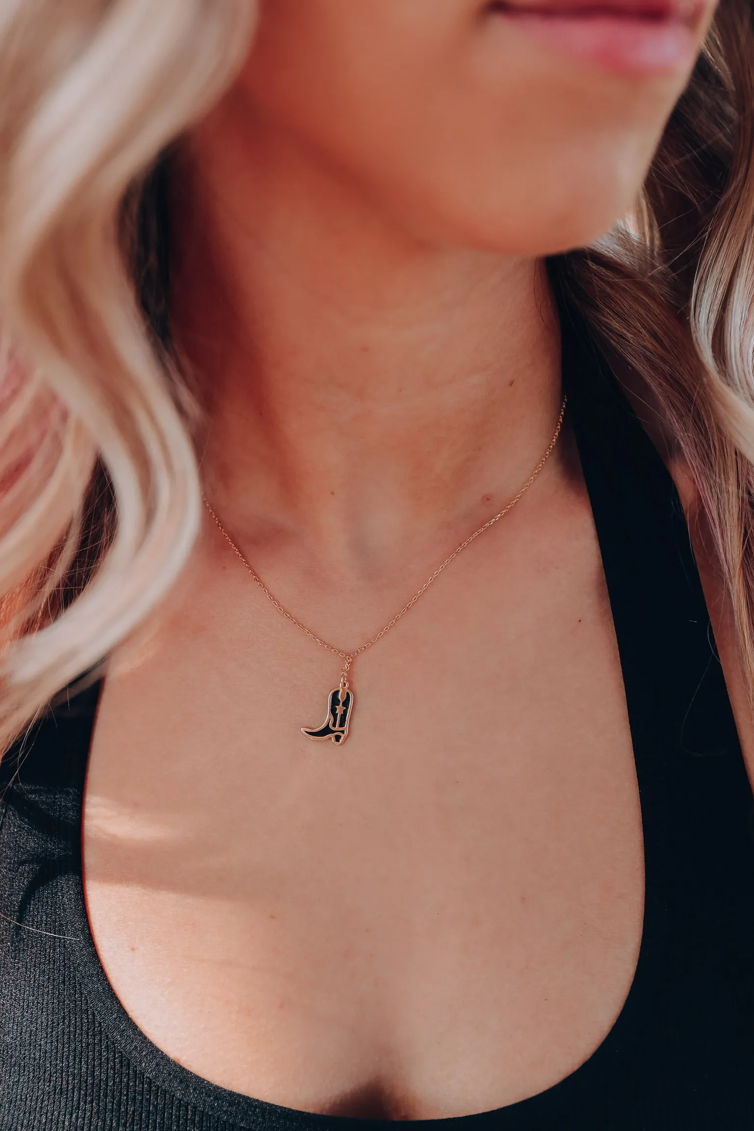 Cowboy Boot Enamel Charm Necklace - Black