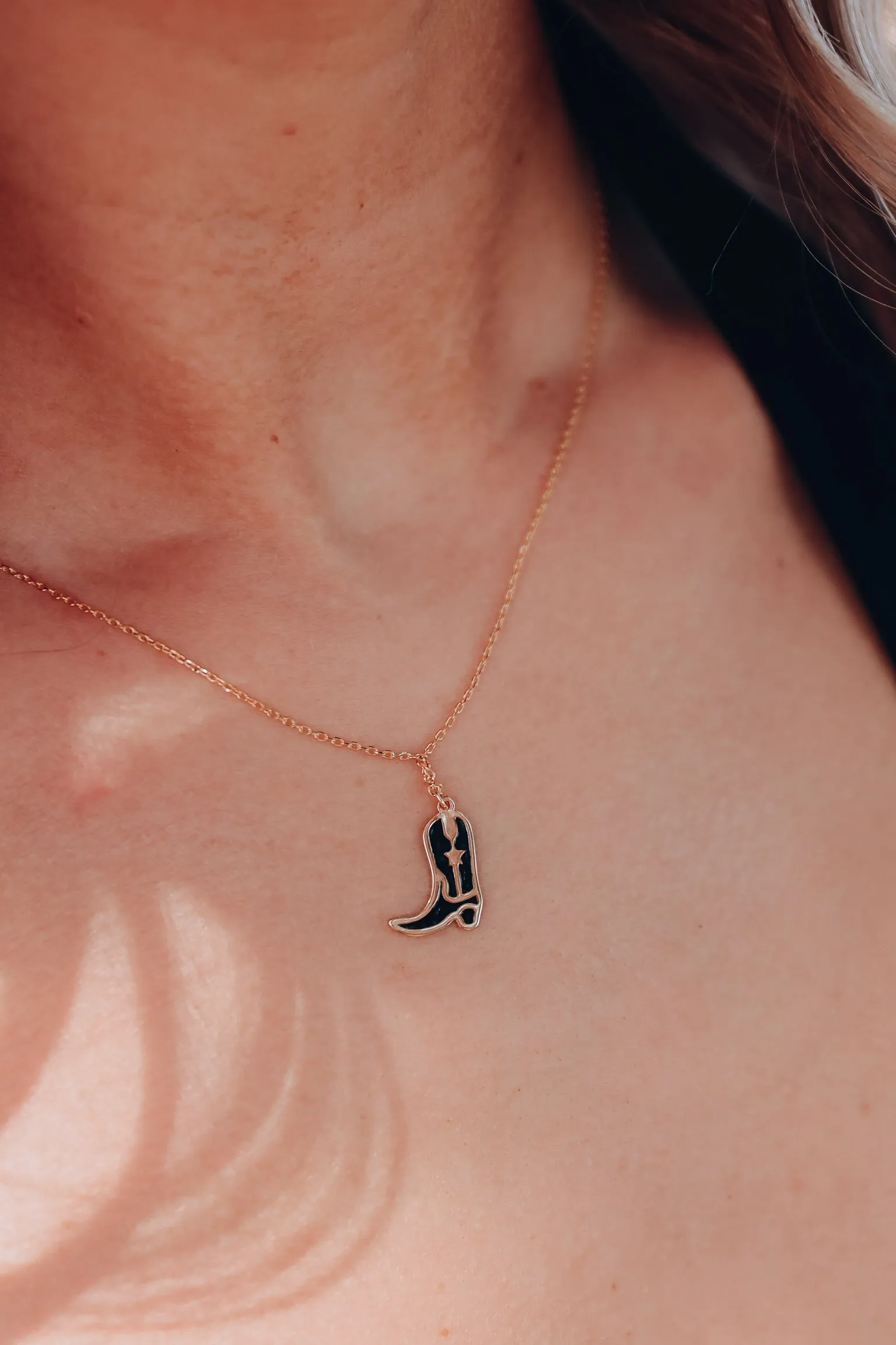 Cowboy Boot Enamel Charm Necklace - Black