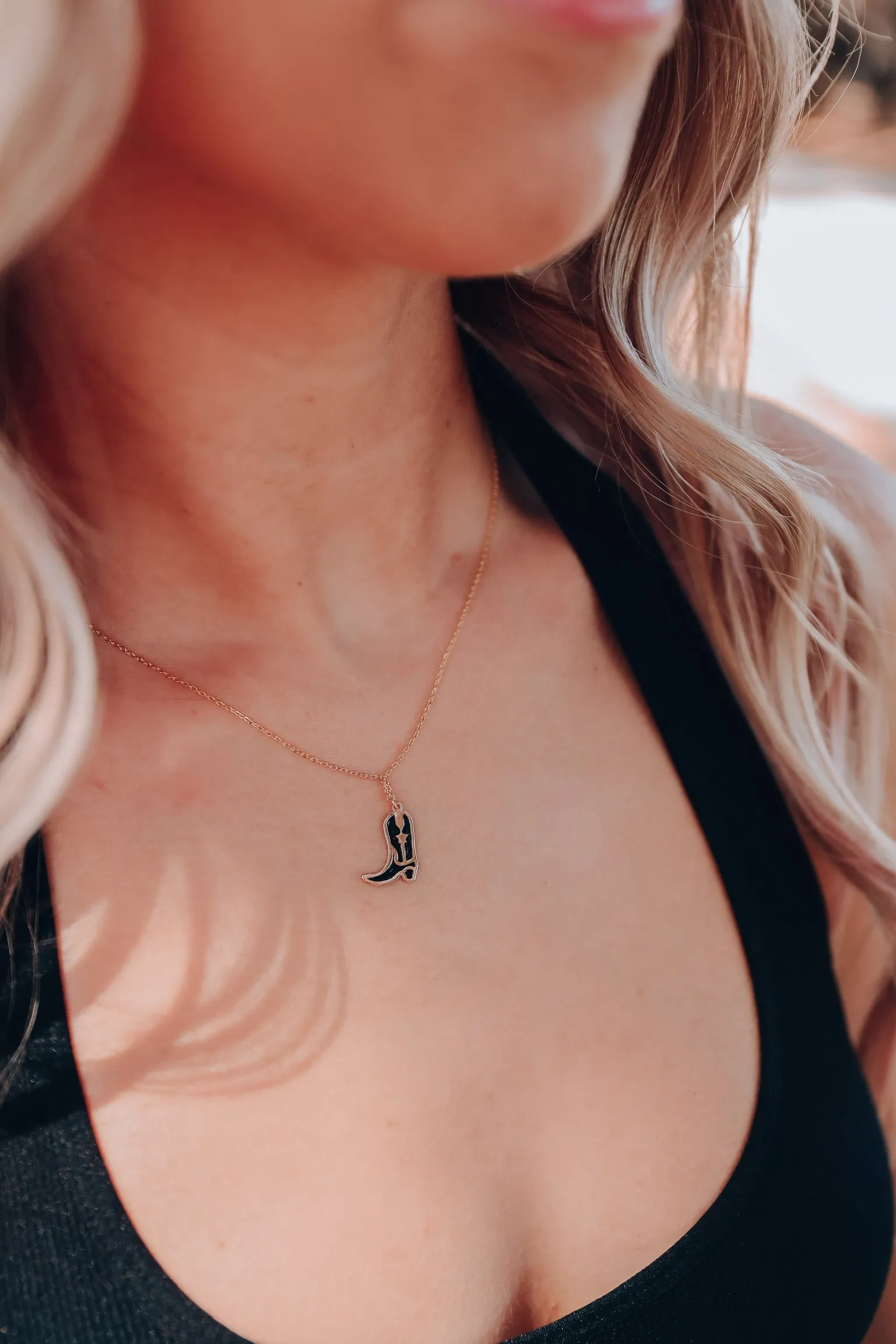 Cowboy Boot Enamel Charm Necklace - Black