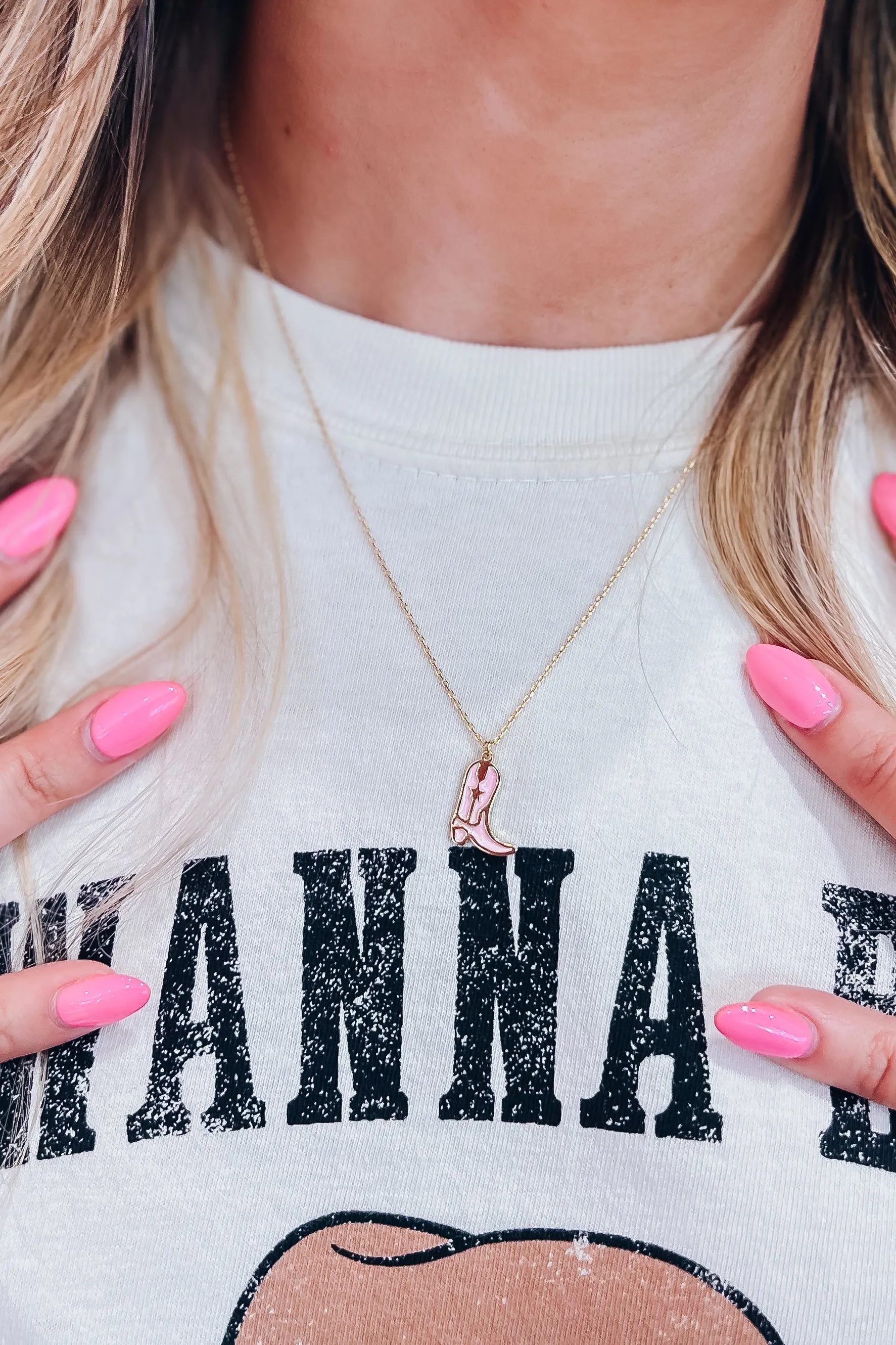 Cowboy Boot Enamel Charm Necklace - Pink