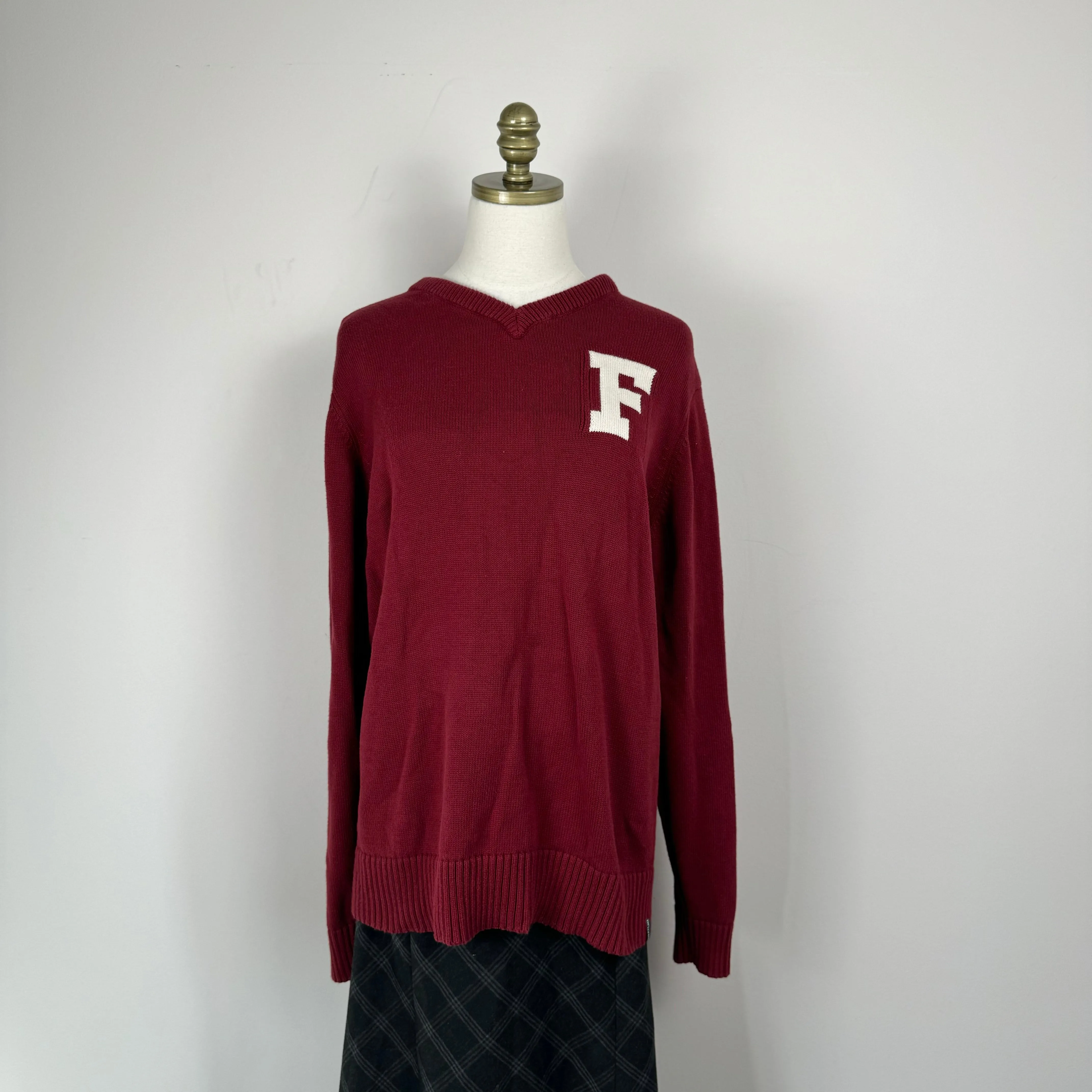 Dark Red Knit Varsity Sweater