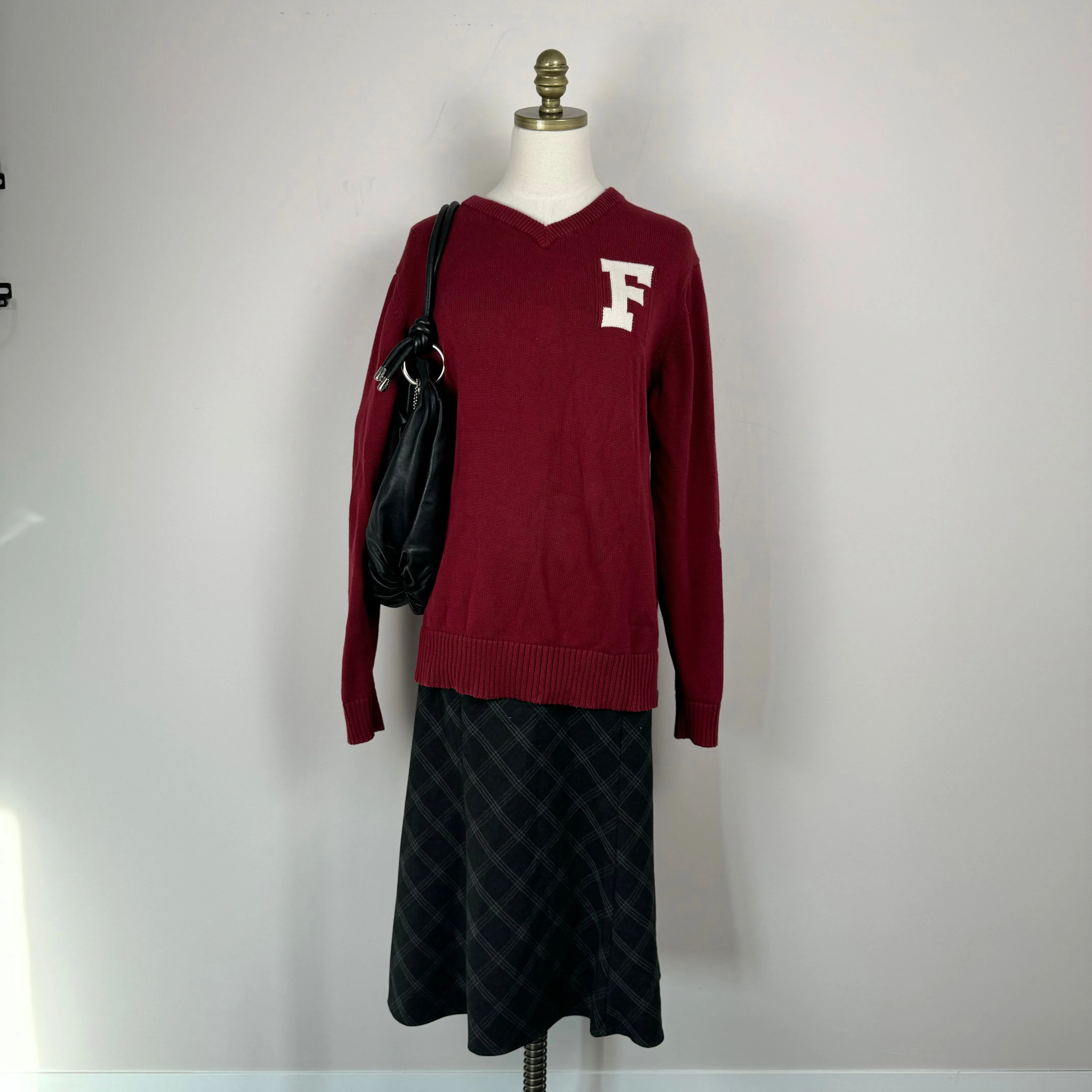 Dark Red Knit Varsity Sweater