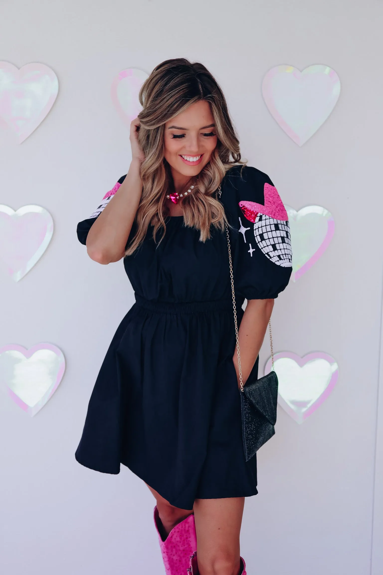 Disco Square Neck Poplin Mini Dress - Black