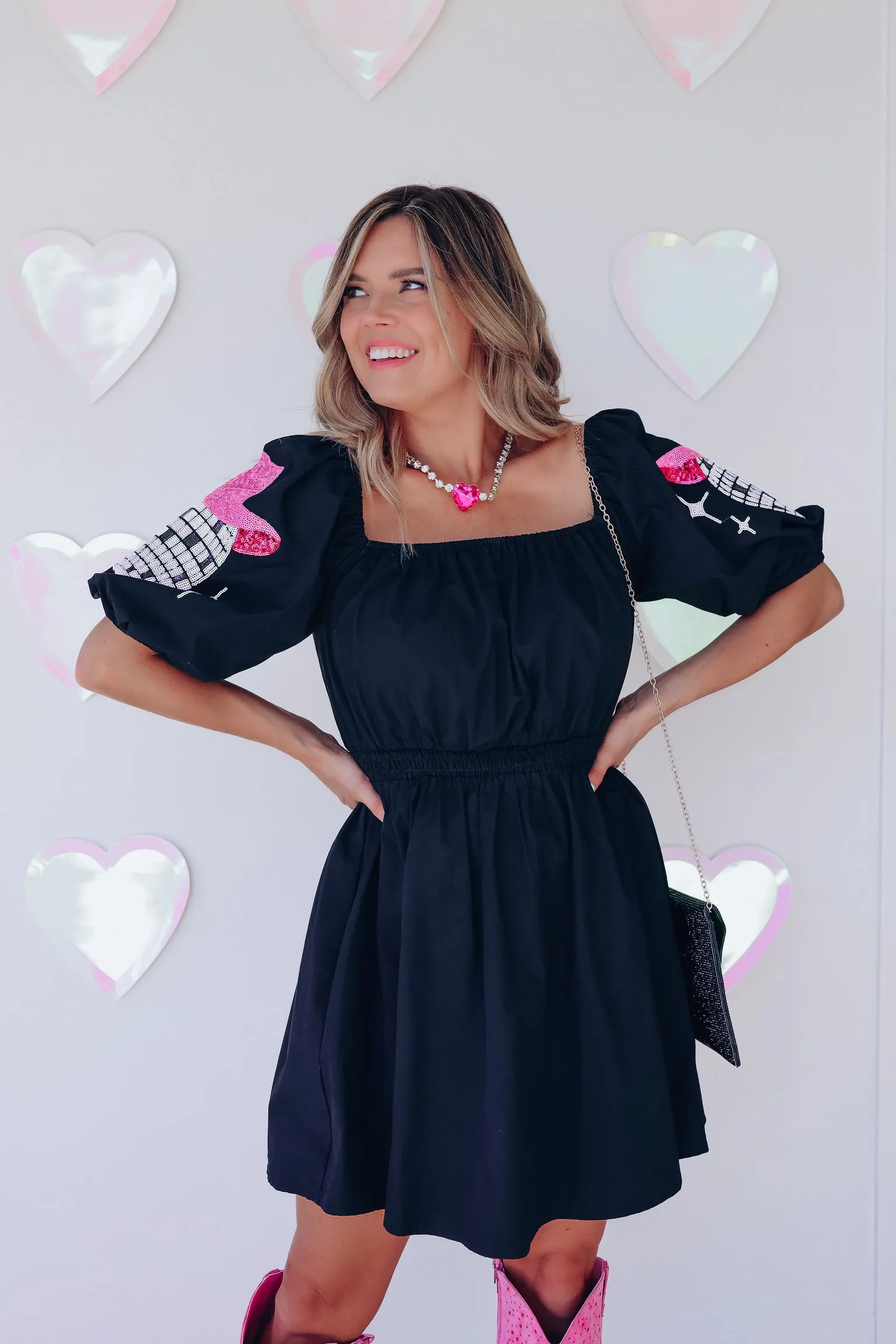 Disco Square Neck Poplin Mini Dress - Black