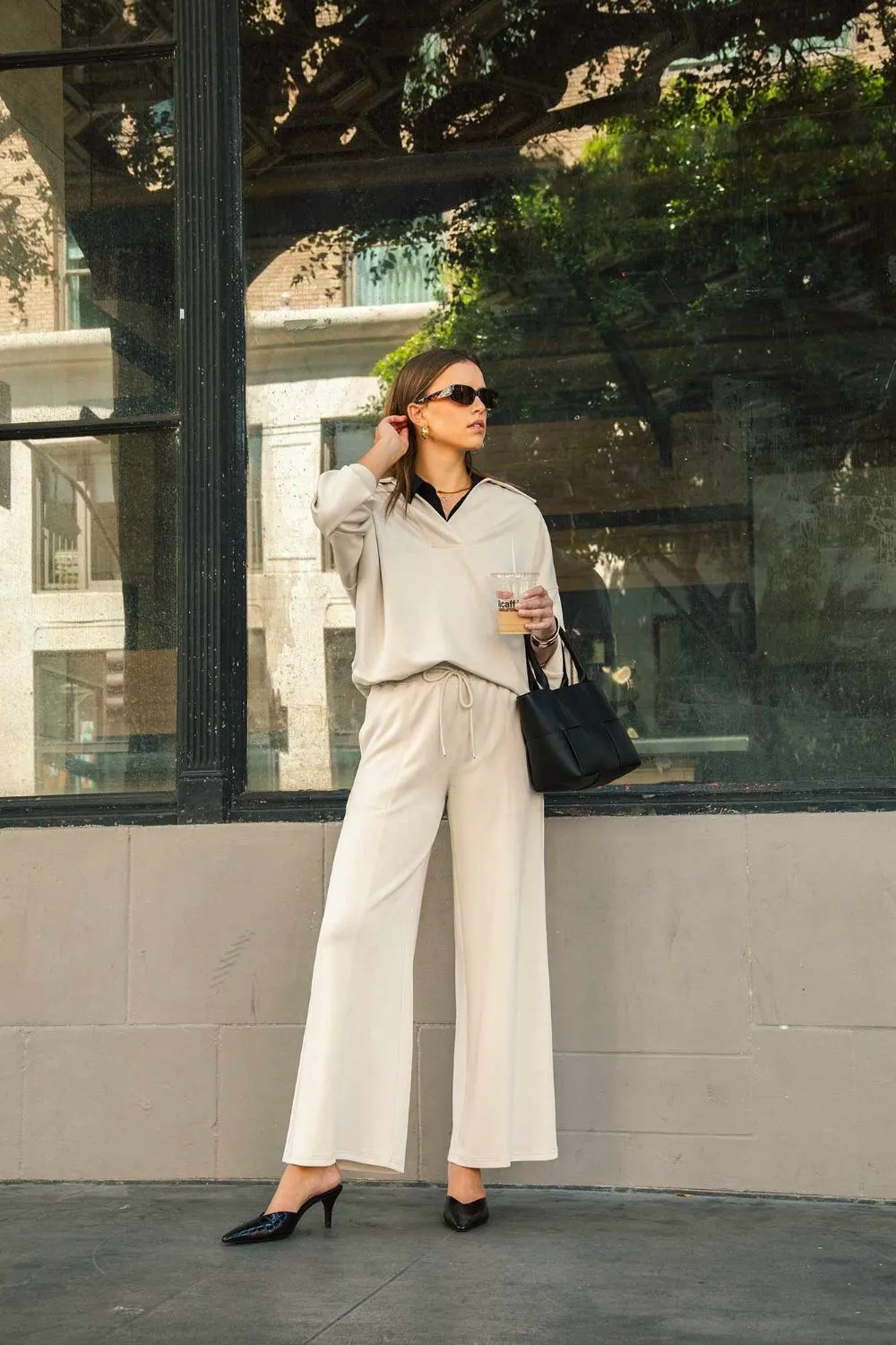 Ecru Drawstring Wide Leg Pants with Pockets