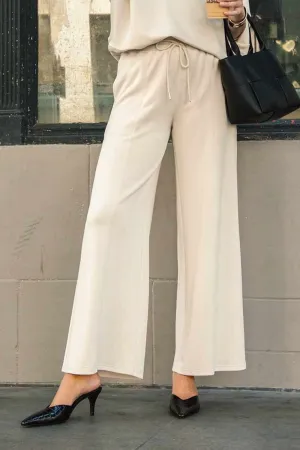 Ecru Drawstring Wide Leg Pants with Pockets