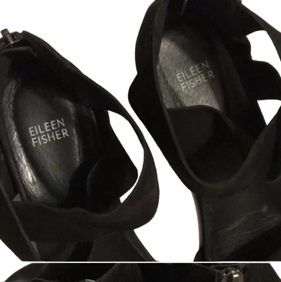 Eileen Fisher Viv Tumbled Nubuck Wedge Sandal Size 9 Black