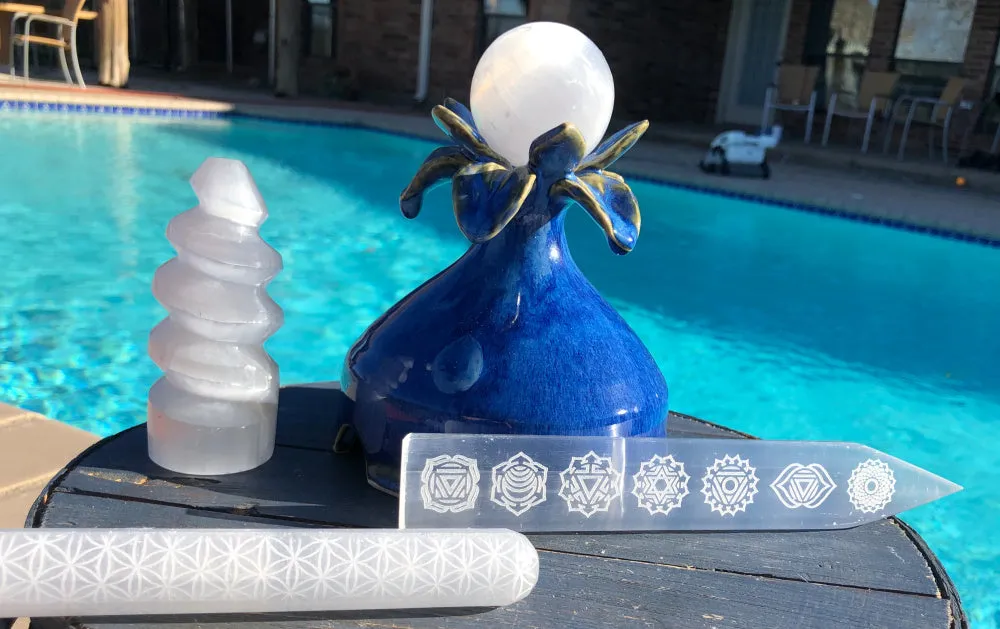 Etched Chakra Symbols on Terminated Selenite Platform