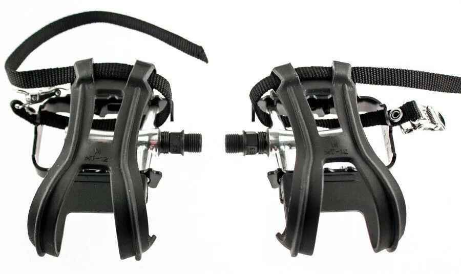 Flat Platform Bike Pedals 9/16" With Med Toe Clips   Straps Black Alloy NEW