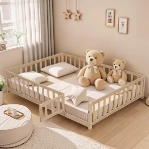 Full Size Floor Platform Bed with Fence and Door for Kids Frame