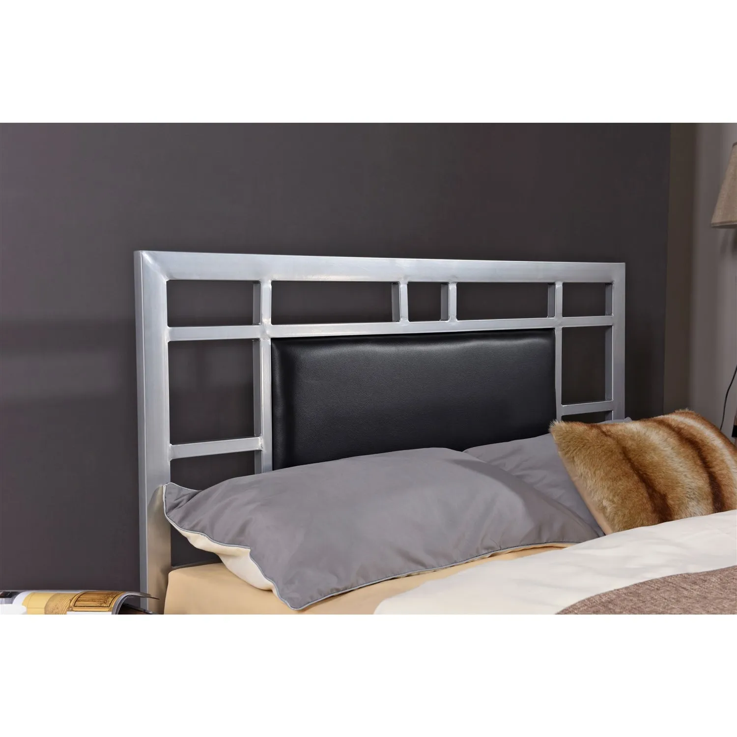 Full size Silver Metal Platform Bed Frame with Upholstered Headboard