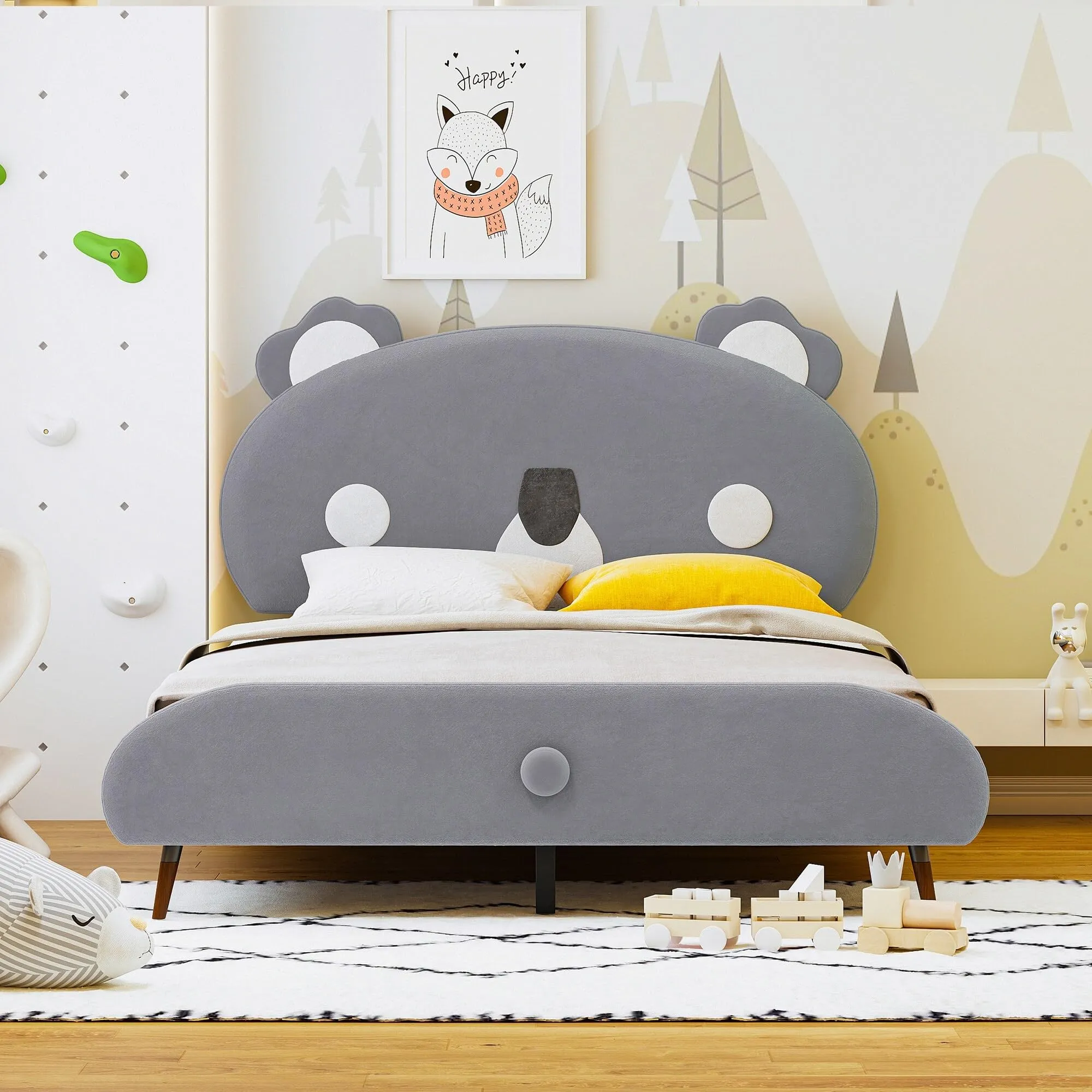 Full Size Upholstered Platform Bed Kids Velvet Frame with Cute
