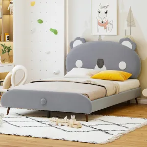 Full Size Upholstered Platform Bed Kids Velvet Frame with Cute