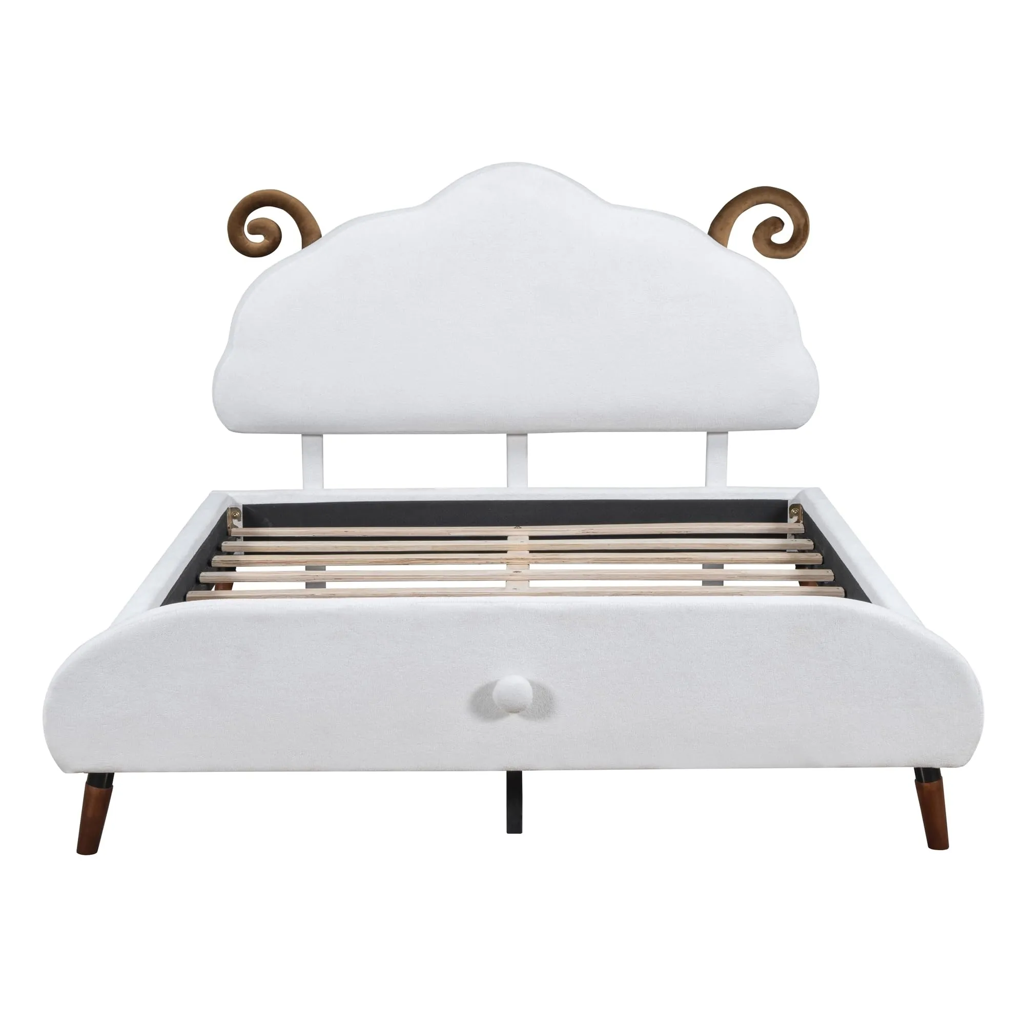 Full Size Velvet Upholstered Platform Bed with Sheep-Shaped