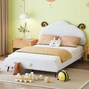 Full Size Velvet Upholstered Platform Bed with Sheep-Shaped