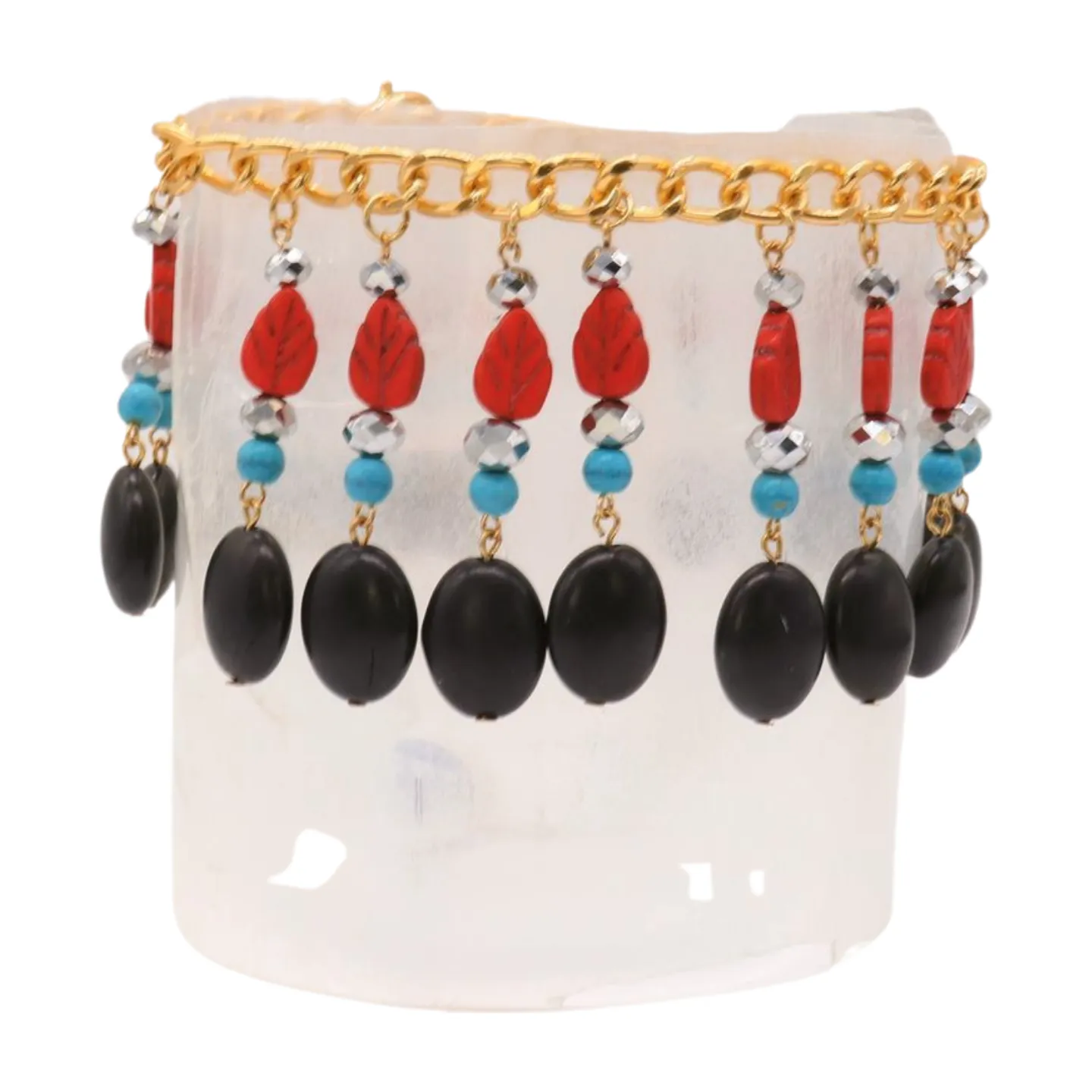 Gold Metal Boot Chain Bracelet Shoe Red Turquoise Beads Charm
