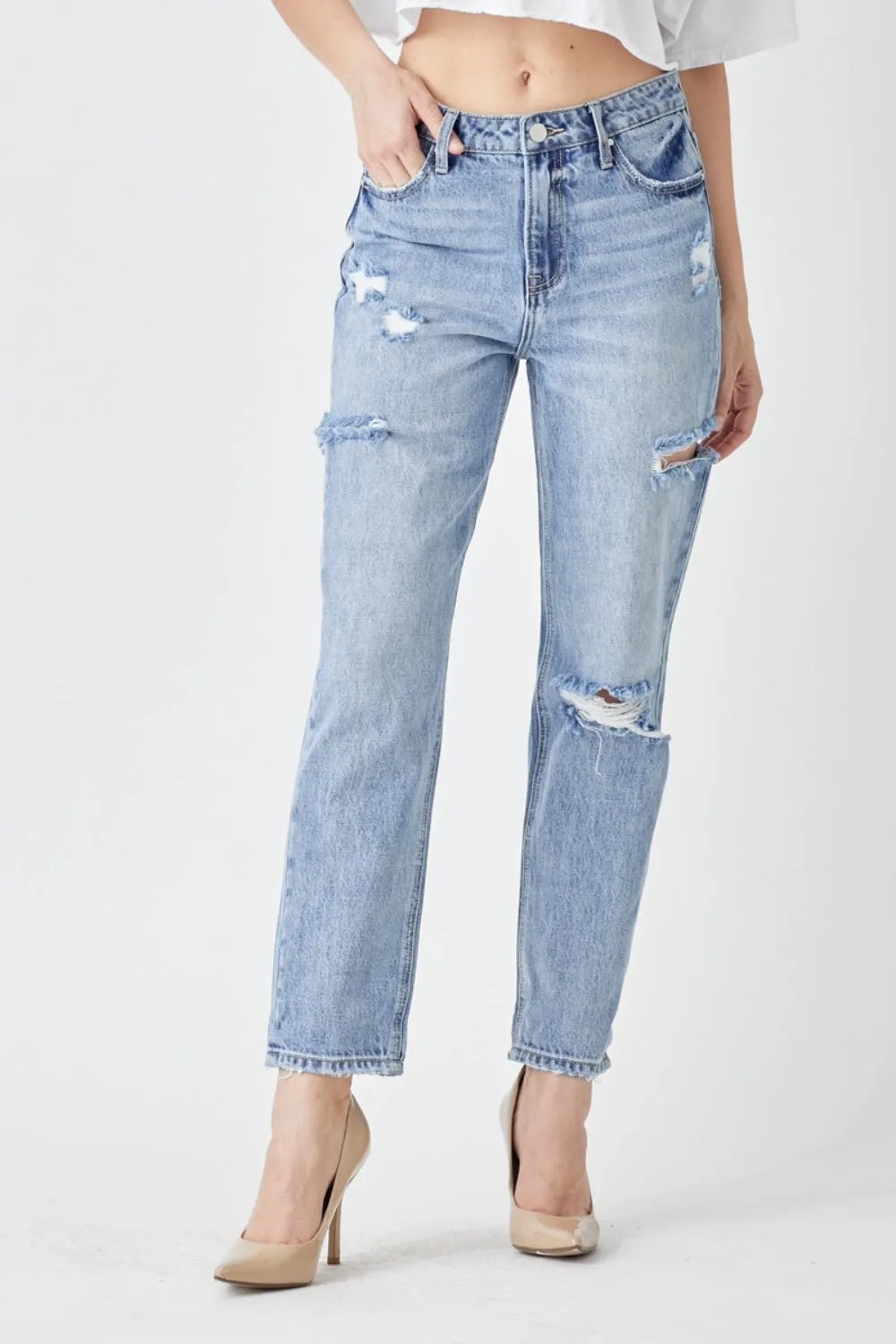 Hazel Blues® |  RISEN Distressed Slim Cropped Jeans
