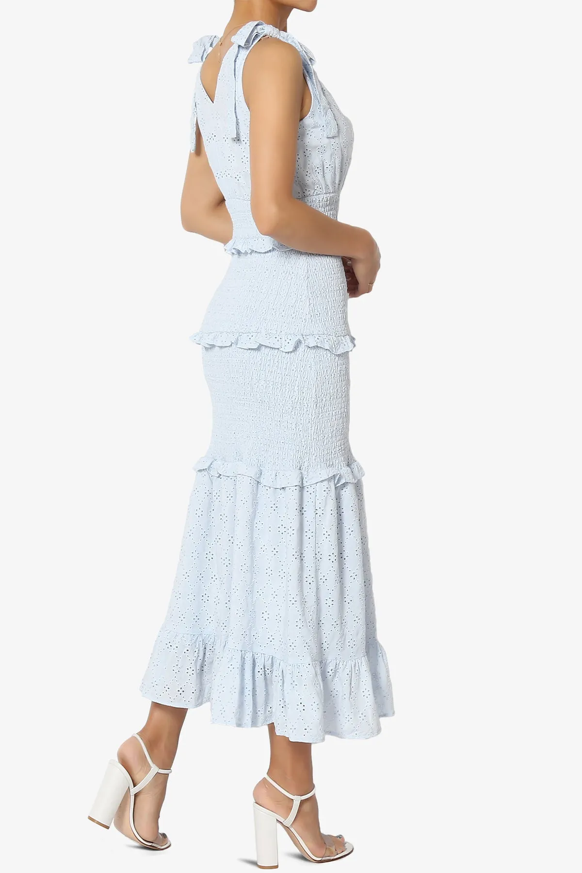 Jayce Embroidered Eyelet Smocked Ruffle Dress in Blue