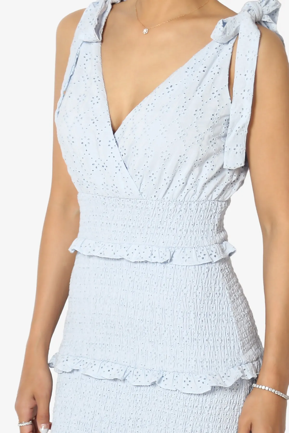 Jayce Embroidered Eyelet Smocked Ruffle Dress in Blue