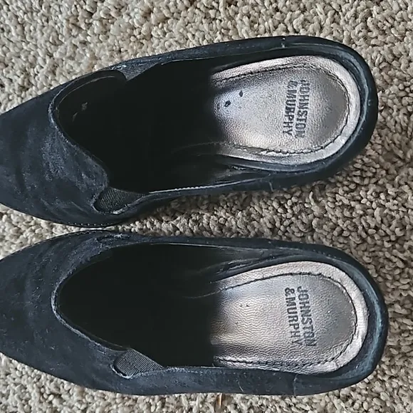 Johnston &amp; Murphy, black suede wedge mules, size 8