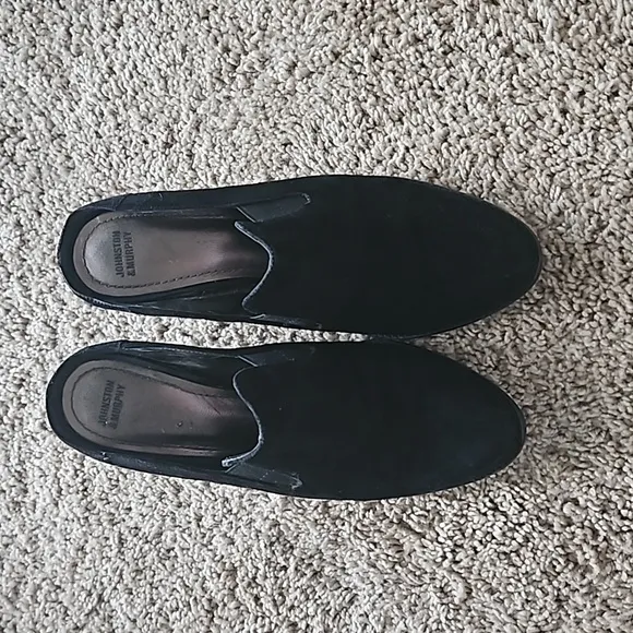 Johnston &amp; Murphy, black suede wedge mules, size 8