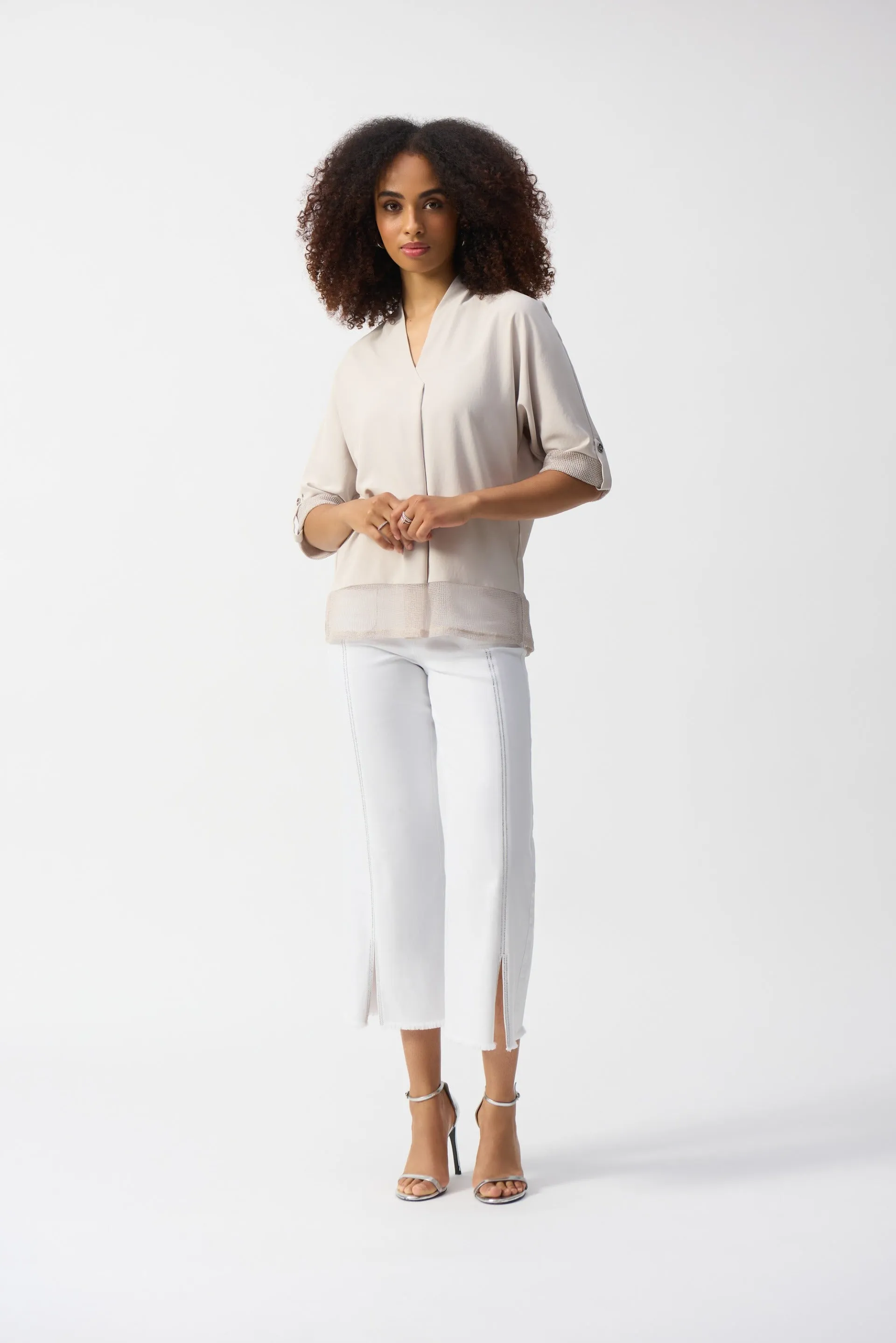 Joseph Ribkoff Moonstone Woven and Mesh Boxy Top Style 251086