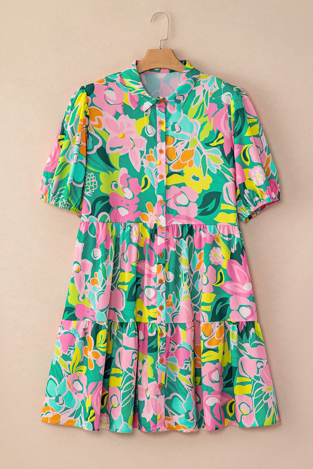 KaleaBoutique Floral Puff Sleeve Collar Buttoned Babydoll Dress