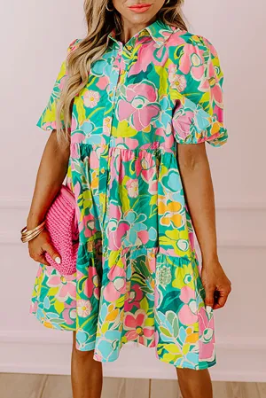 KaleaBoutique Floral Puff Sleeve Collar Buttoned Babydoll Dress