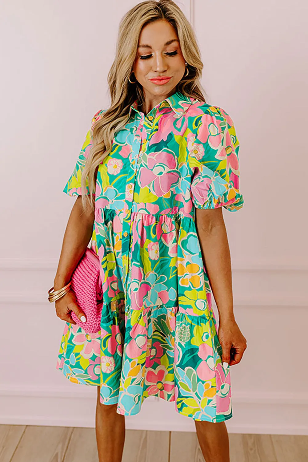 KaleaBoutique Floral Puff Sleeve Collar Buttoned Babydoll Dress