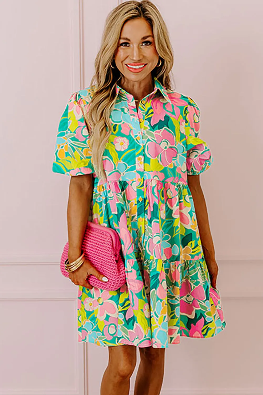 KaleaBoutique Floral Puff Sleeve Collar Buttoned Babydoll Dress
