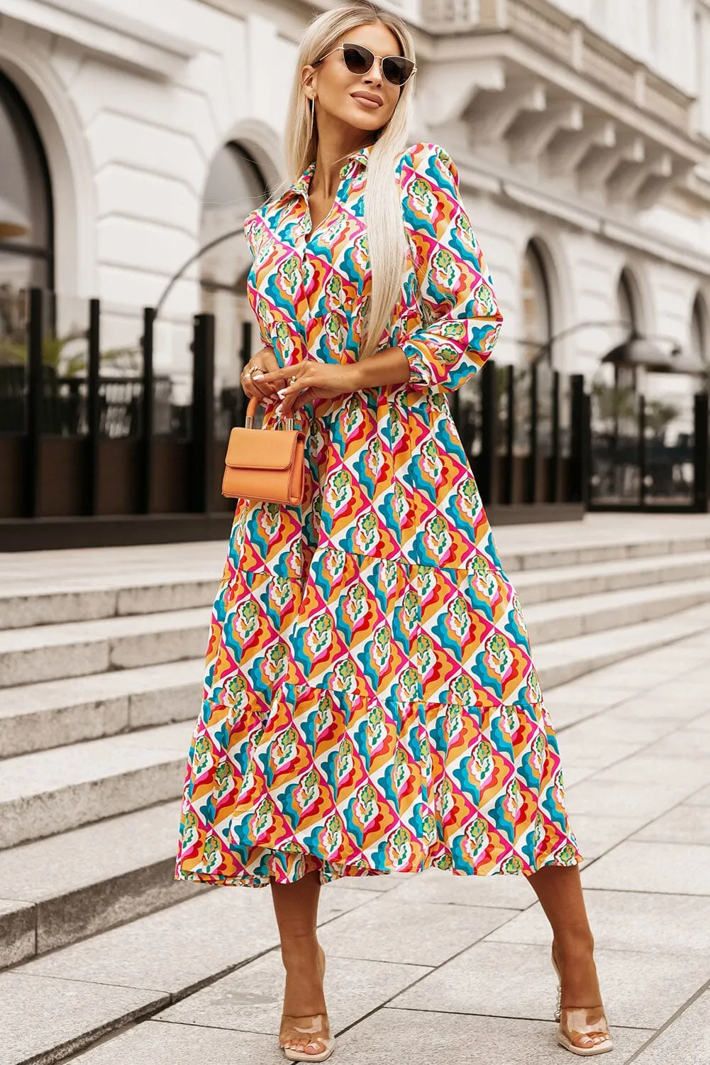 KaleaBoutique Stylish Abstract Geometric Print Long Sleeve High Waist Dress
