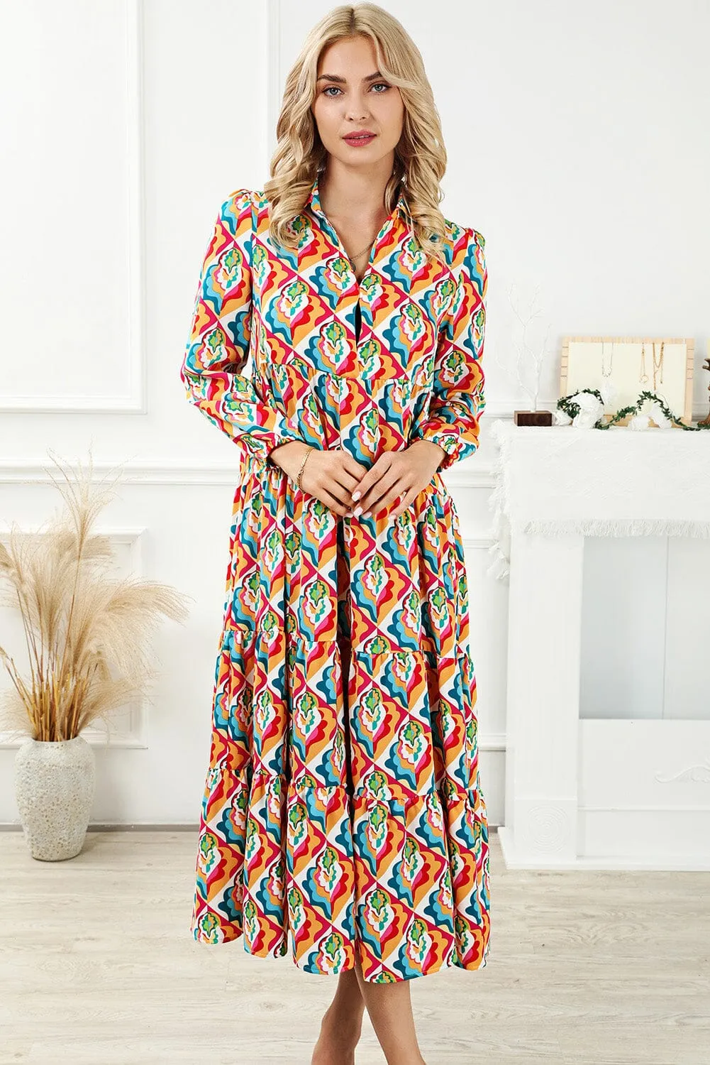 KaleaBoutique Stylish Abstract Geometric Print Long Sleeve High Waist Dress
