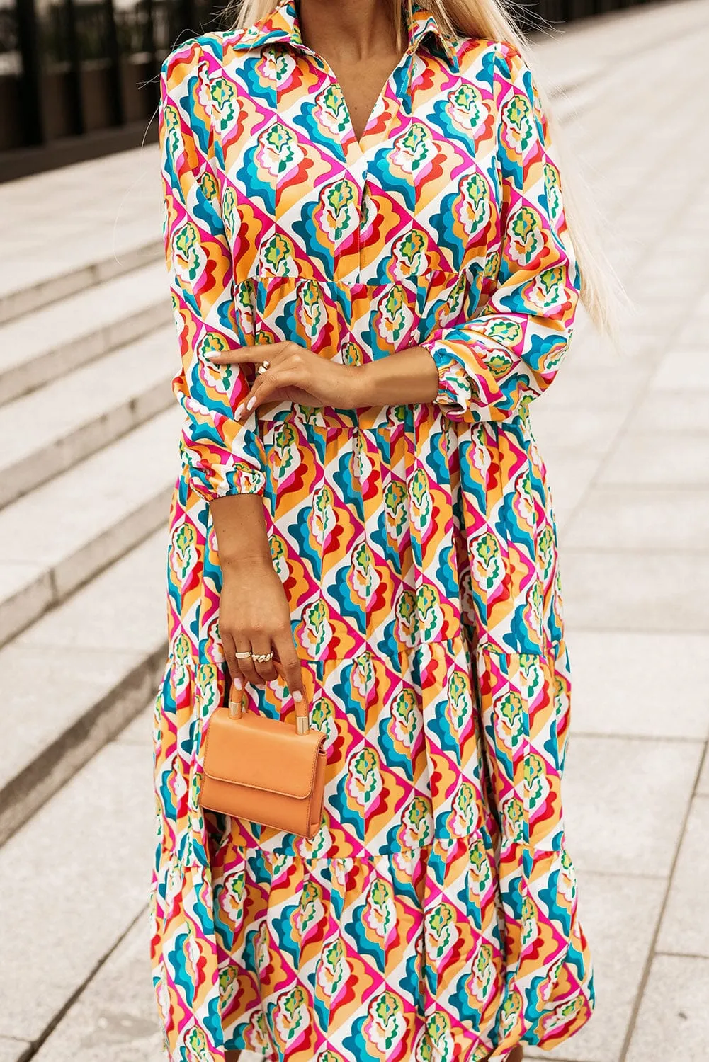 KaleaBoutique Stylish Abstract Geometric Print Long Sleeve High Waist Dress