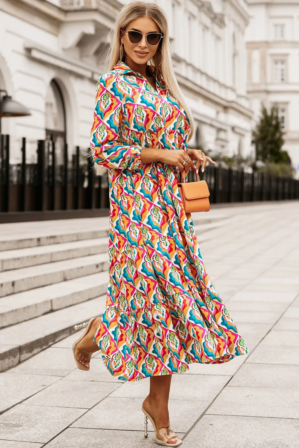 KaleaBoutique Stylish Abstract Geometric Print Long Sleeve High Waist Dress