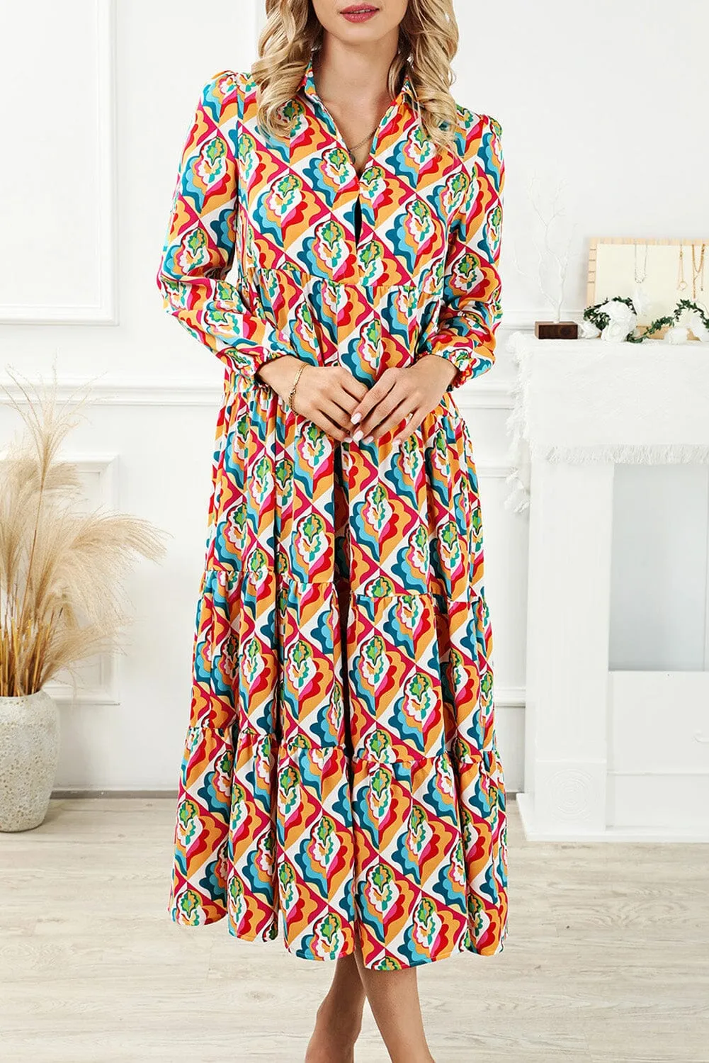 KaleaBoutique Stylish Abstract Geometric Print Long Sleeve High Waist Dress