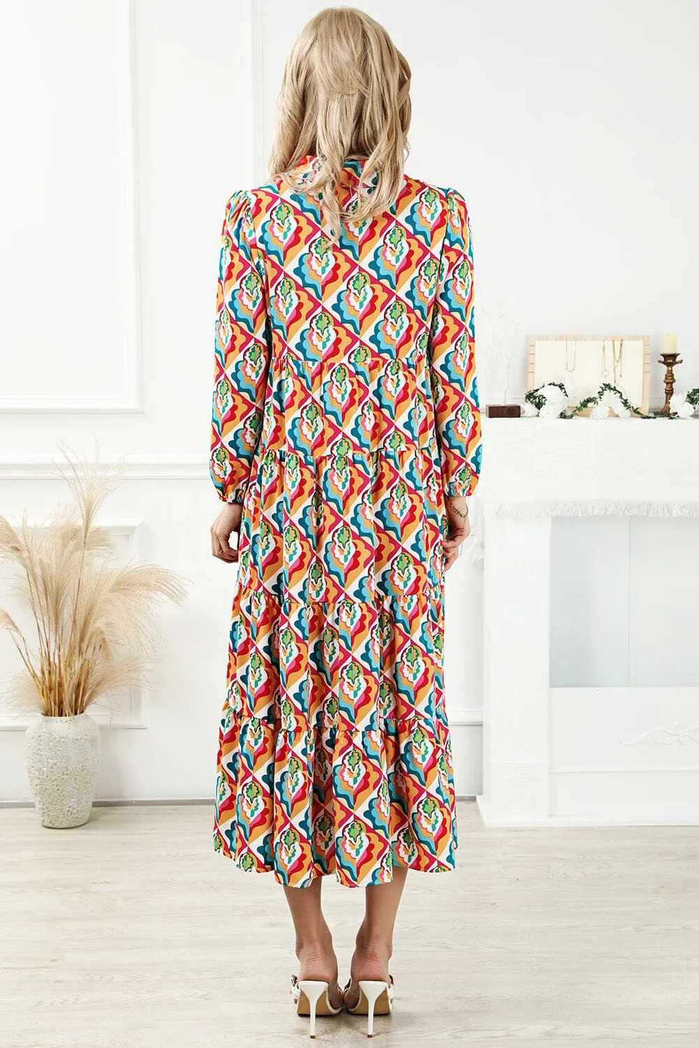 KaleaBoutique Stylish Abstract Geometric Print Long Sleeve High Waist Dress