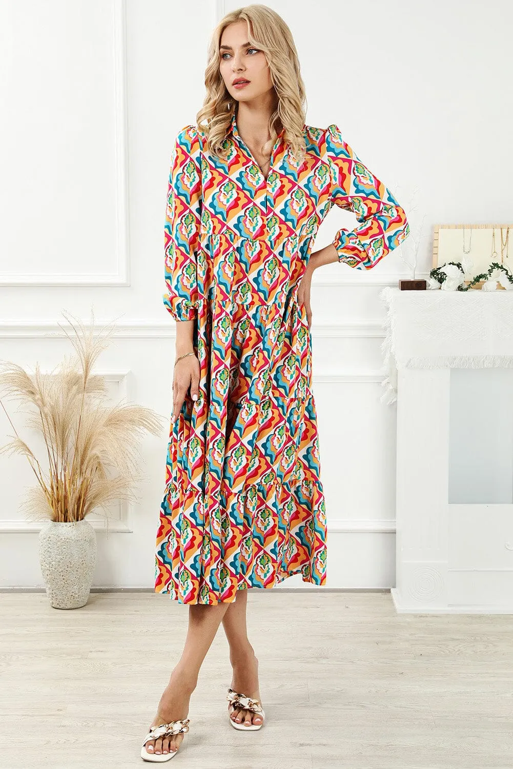 KaleaBoutique Stylish Abstract Geometric Print Long Sleeve High Waist Dress