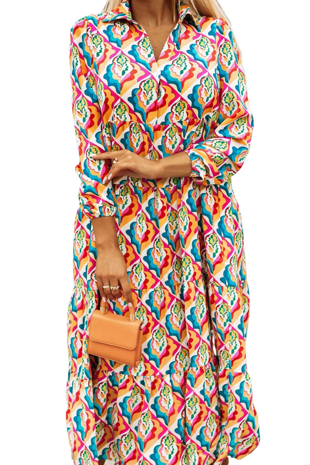 KaleaBoutique Stylish Abstract Geometric Print Long Sleeve High Waist Dress