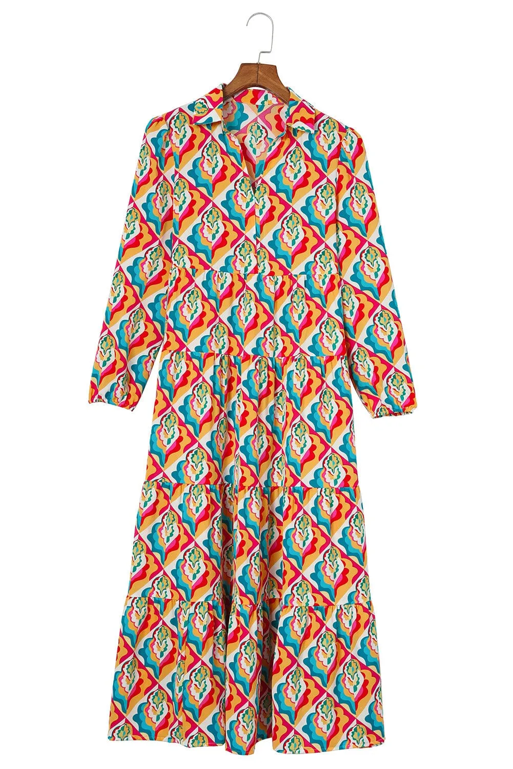 KaleaBoutique Stylish Abstract Geometric Print Long Sleeve High Waist Dress