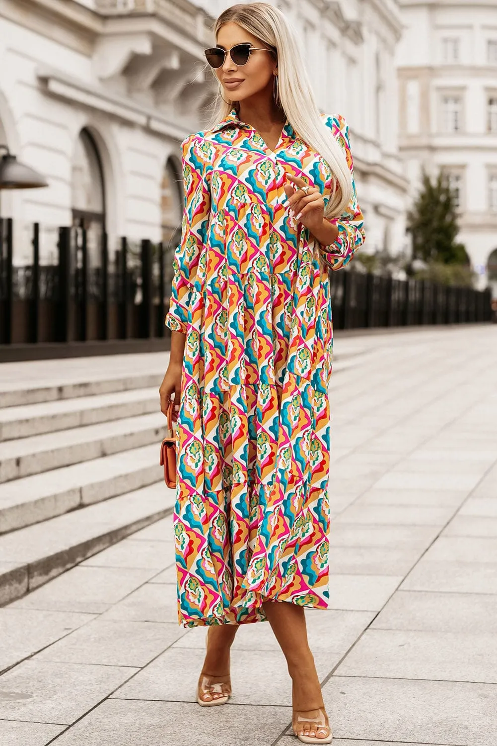 KaleaBoutique Stylish Abstract Geometric Print Long Sleeve High Waist Dress